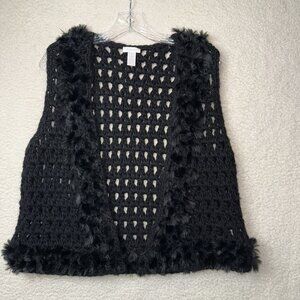 Chico’s  BLACK FAUX FUR TRIMMED CROCHET DRESSY CLASSIC SWEATER VEST Sz 1 Medium